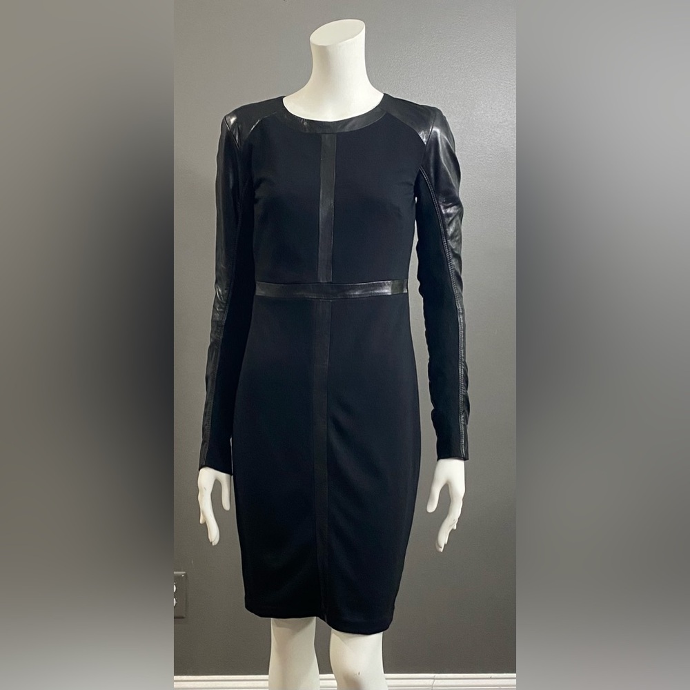 June Long Sleeve Black dress w/Distinctive genuine leather trim detailing Size S